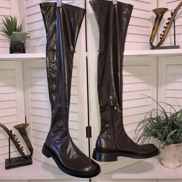 Zara Over The Knee Brown Flat Boots Size 7.5 - Picture 2 of 9